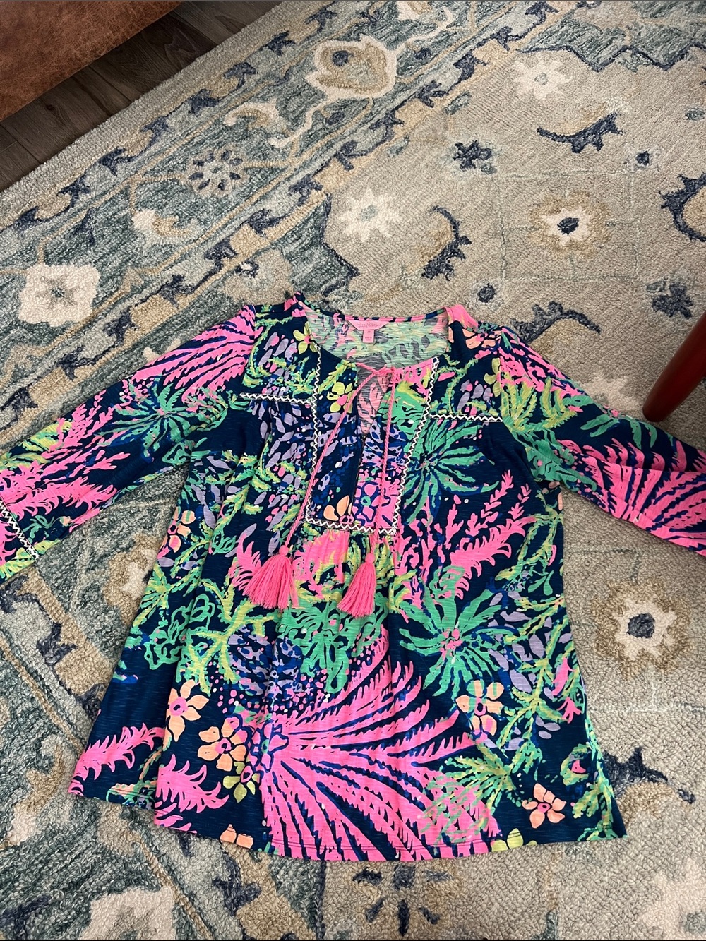 Lilly Pulitzer Navy Tunic with Pink & Green Tropical Print